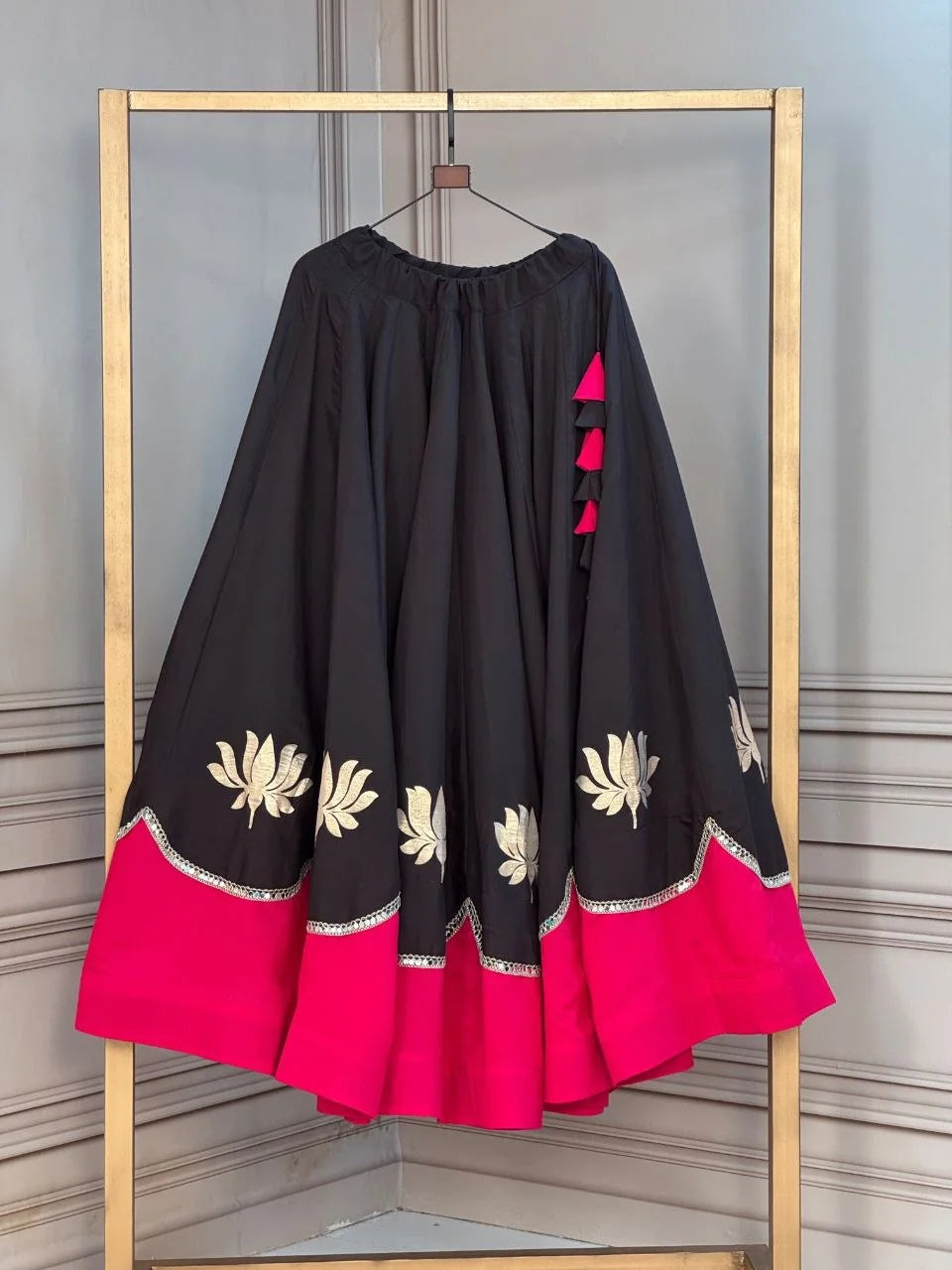Black garba lehenga rani pink lotus gota mirror work border full swing
