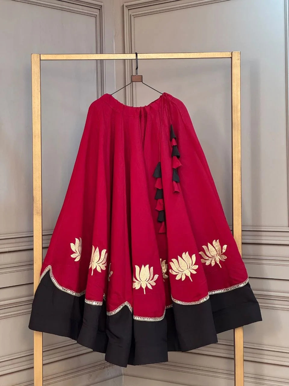 Garba lehenga maroon black lotus gota 6 metre flair full swing