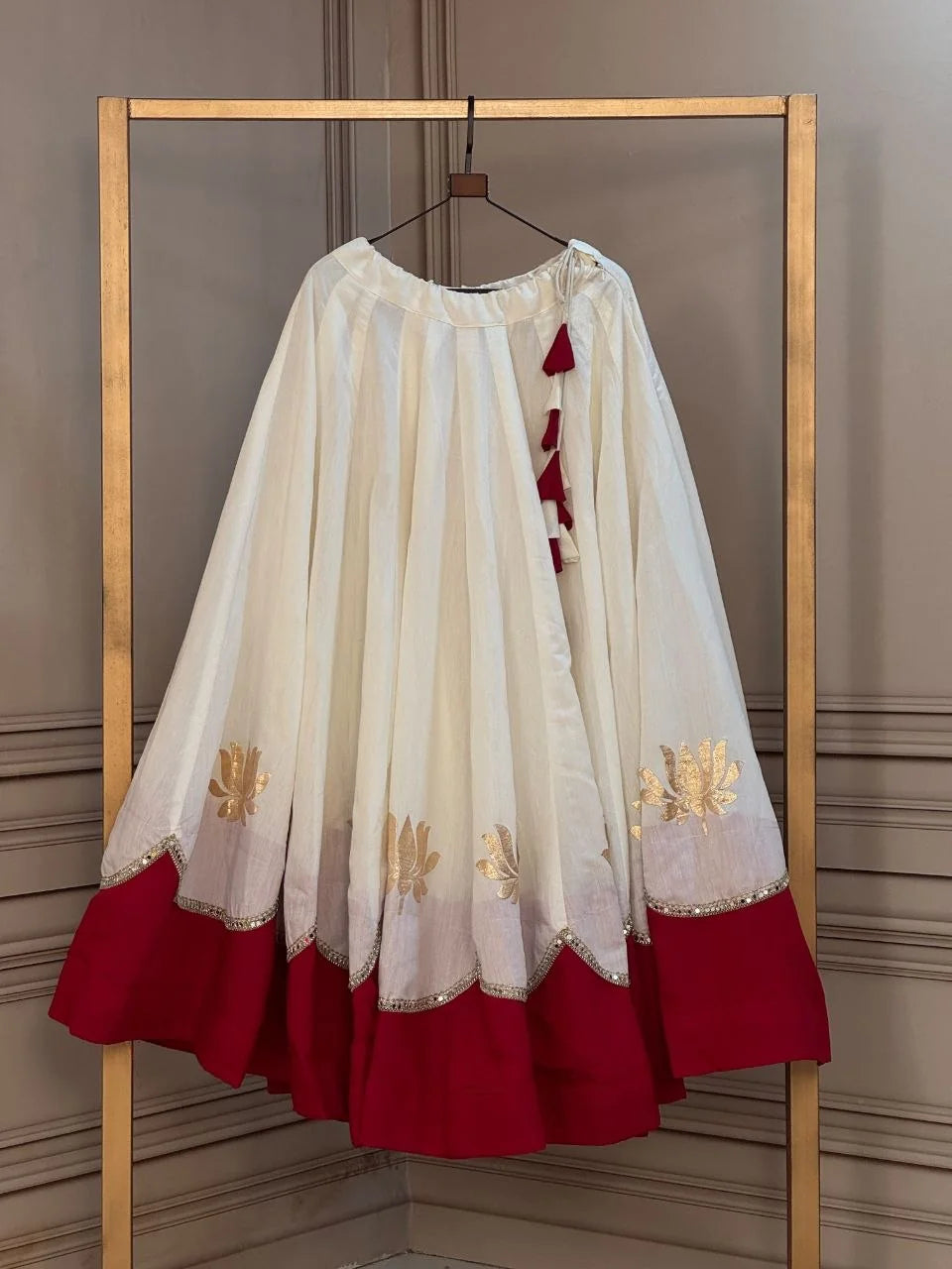 Navratri lehenga off-white pink lotus gota mirror work border hanging full length