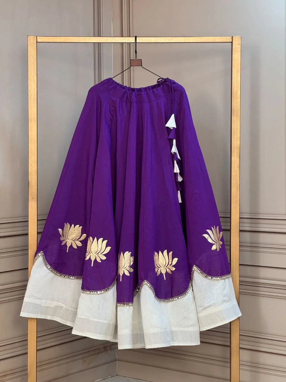 Purple navratri lehenga white lotus gota mirror work border 6 Mtr flair