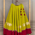 Navratri lehenga lime yellow lotus gota mirror work maroon contrast border full view