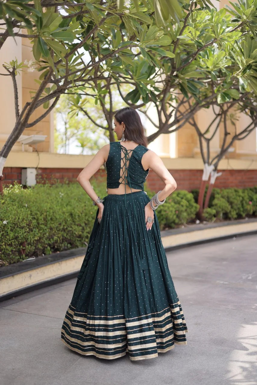 green navratri rayon lehenga full view patti lace gold border