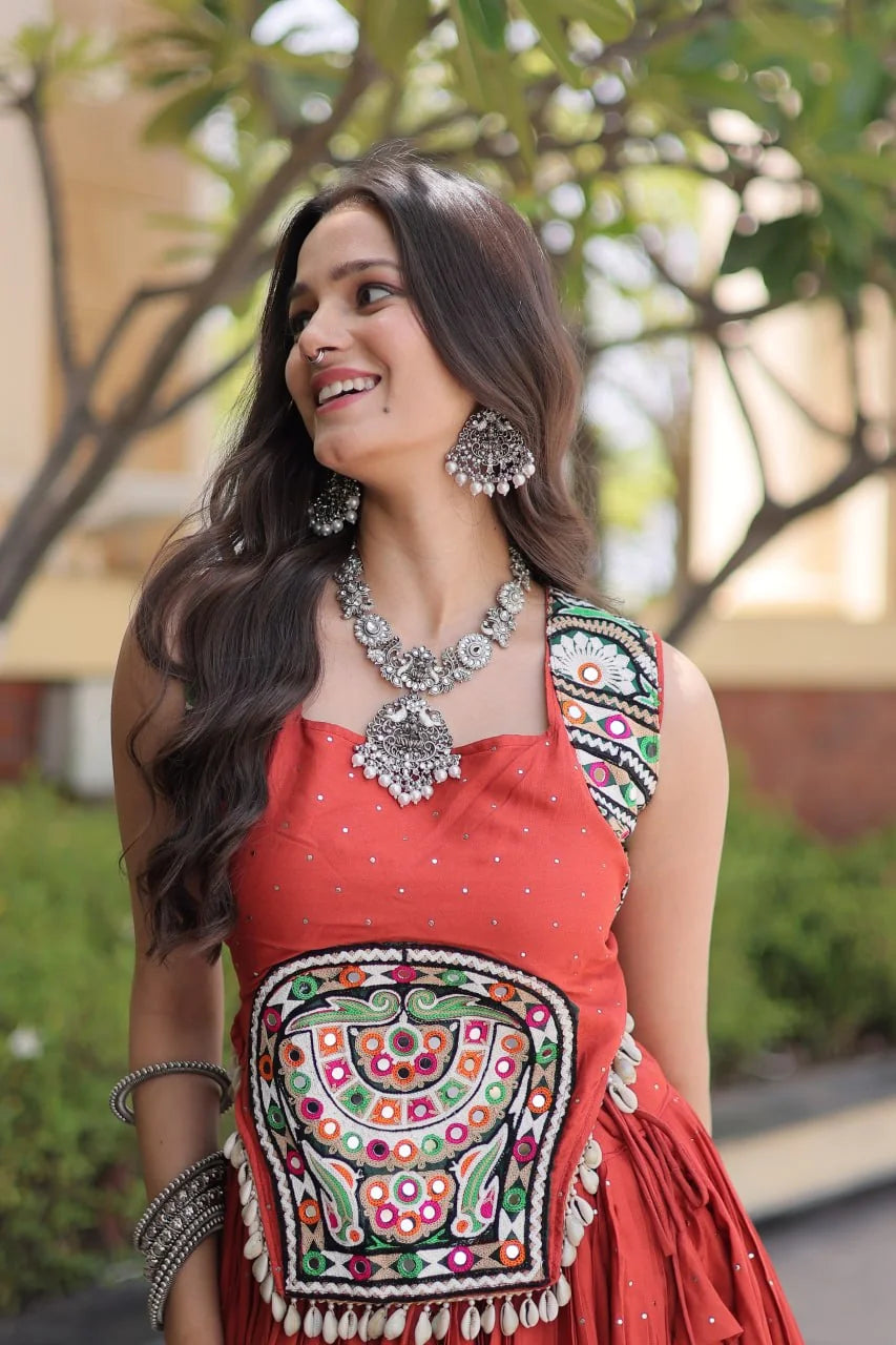 orange navratri rayon lehenga gamthi mirror work blouse detail