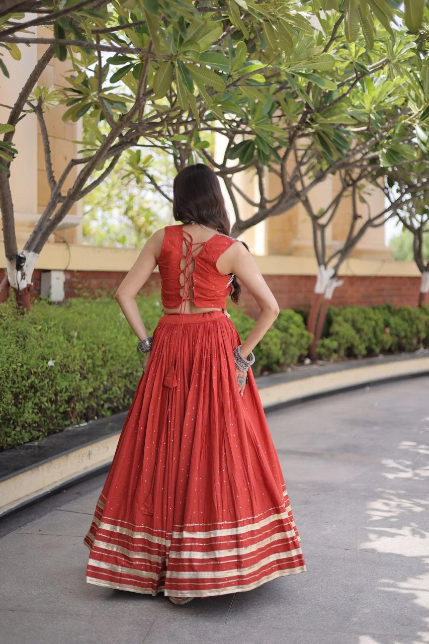 red navratri rayon lehenga back view dori patti lace border