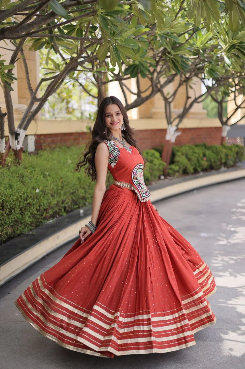 white navratri rayon lehenga full front view gold patti border