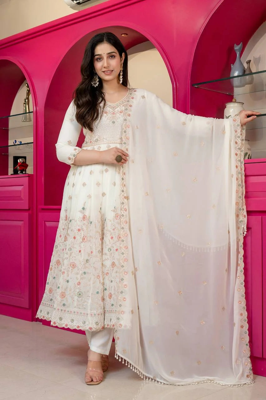off white anarkali set with dupatta draped dupatta view