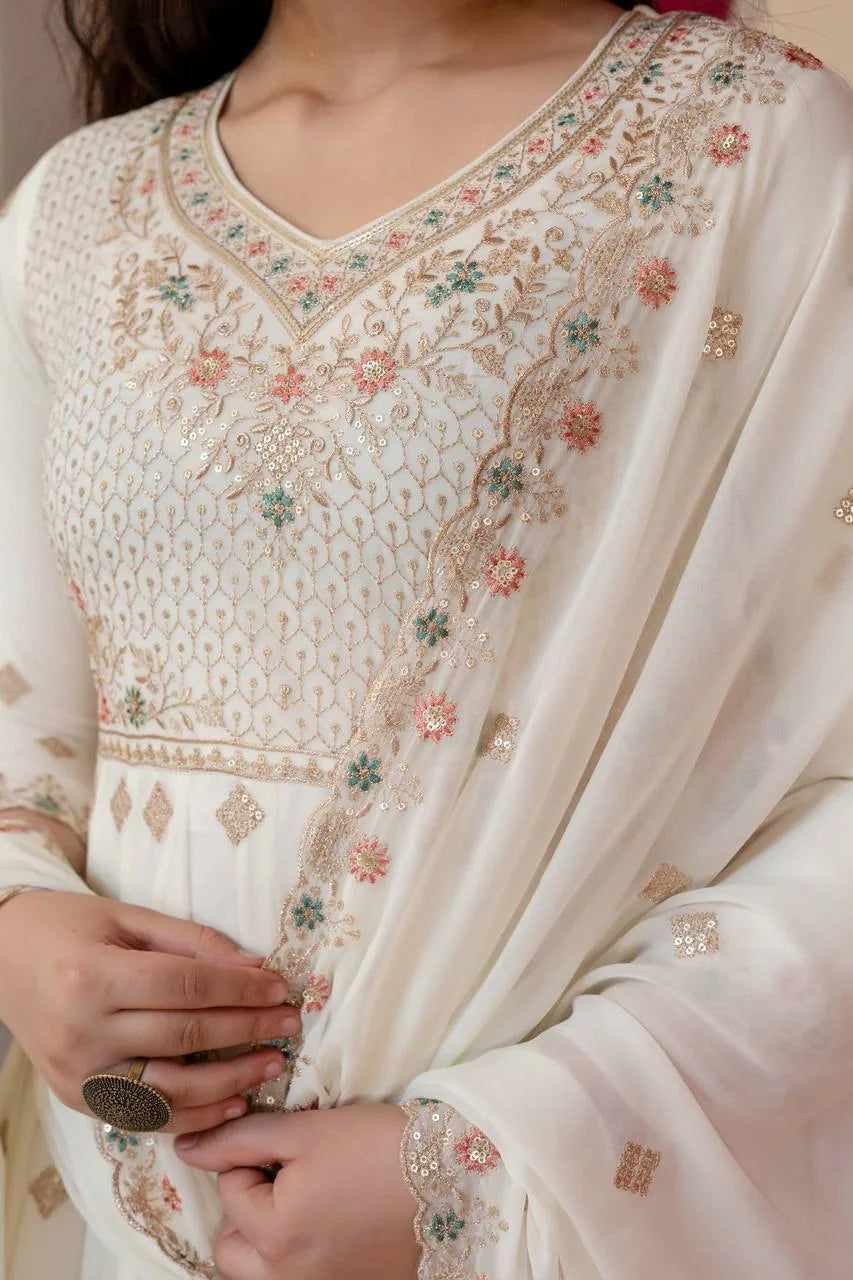 off white anarkali set sequin embroidery detail closeup