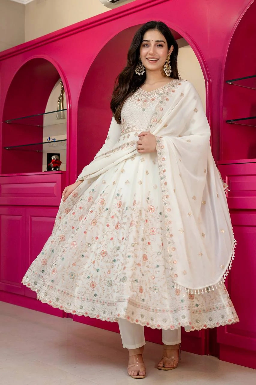 off white anarkali set with dupatta full view heavy sequin embroidery