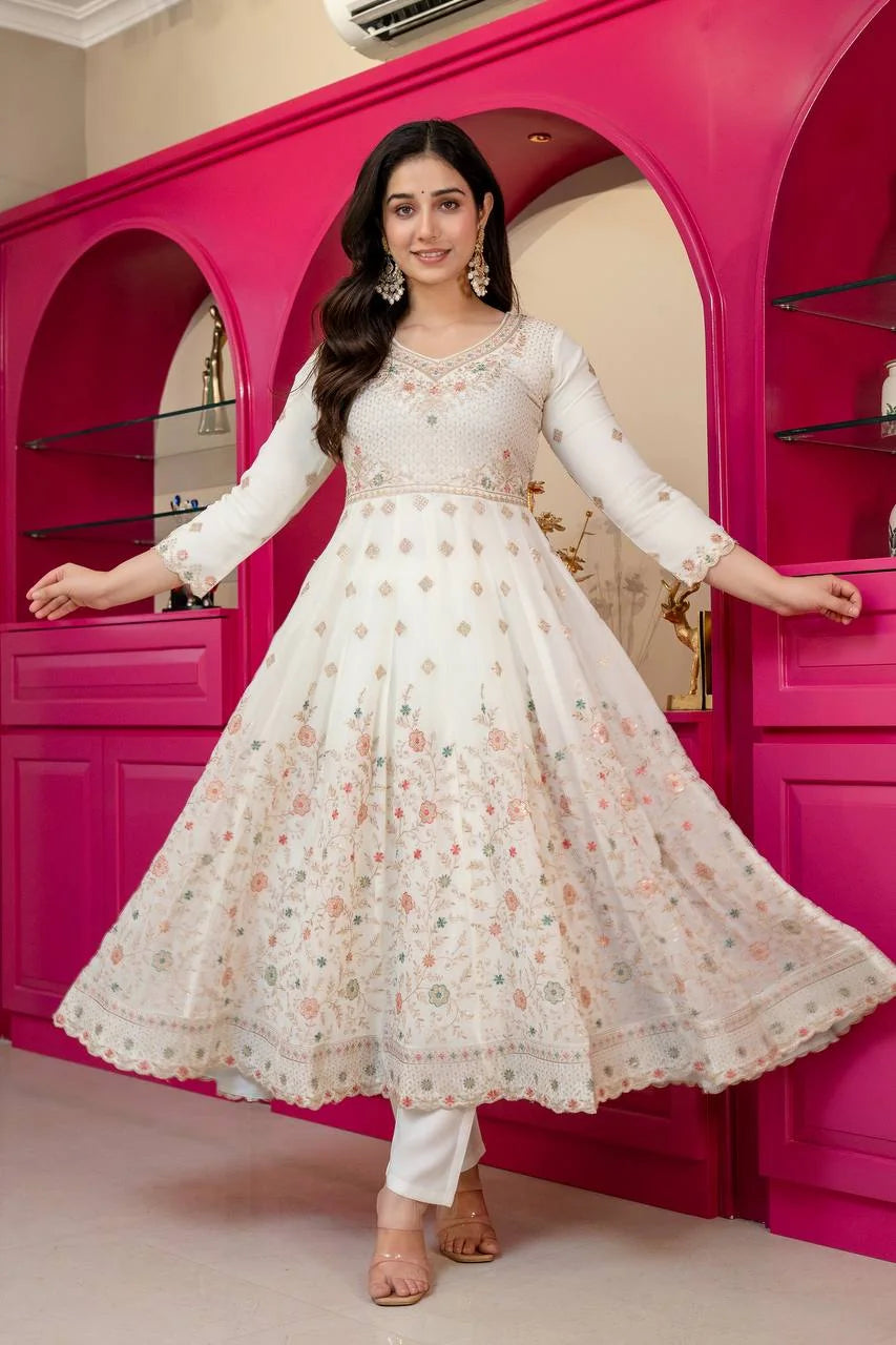 off white anarkali set with dupatta skirt floral embroidery