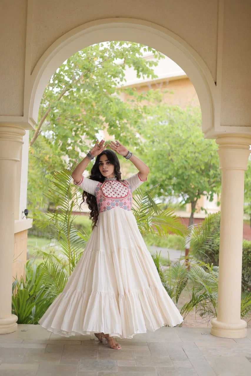 Off-white kora cotton tiered navratri gown twirl with 12 metre flair