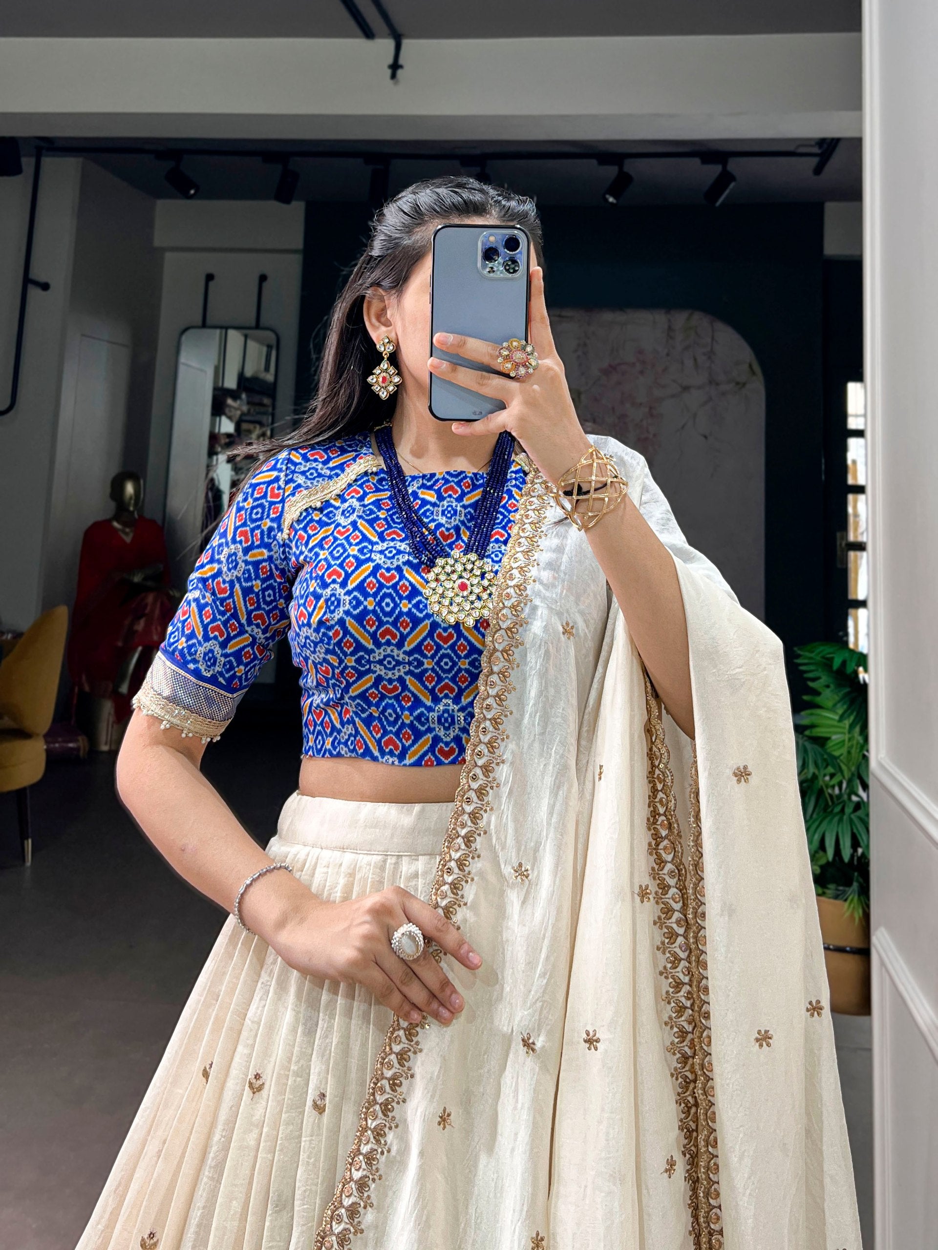 off white vichitra silk lehenga choli blue tasar silk patola ikat blouse detail