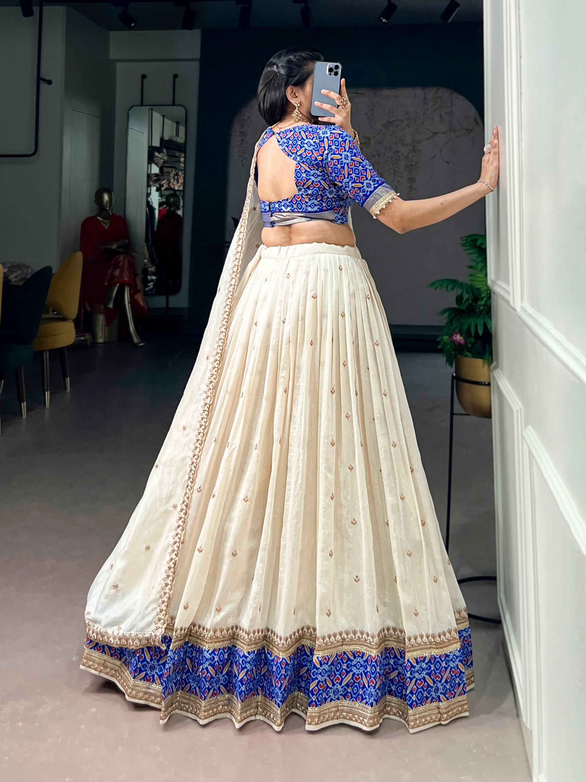 off white vichitra silk lehenga choli set back view 3.8m flair sequin embroidery
