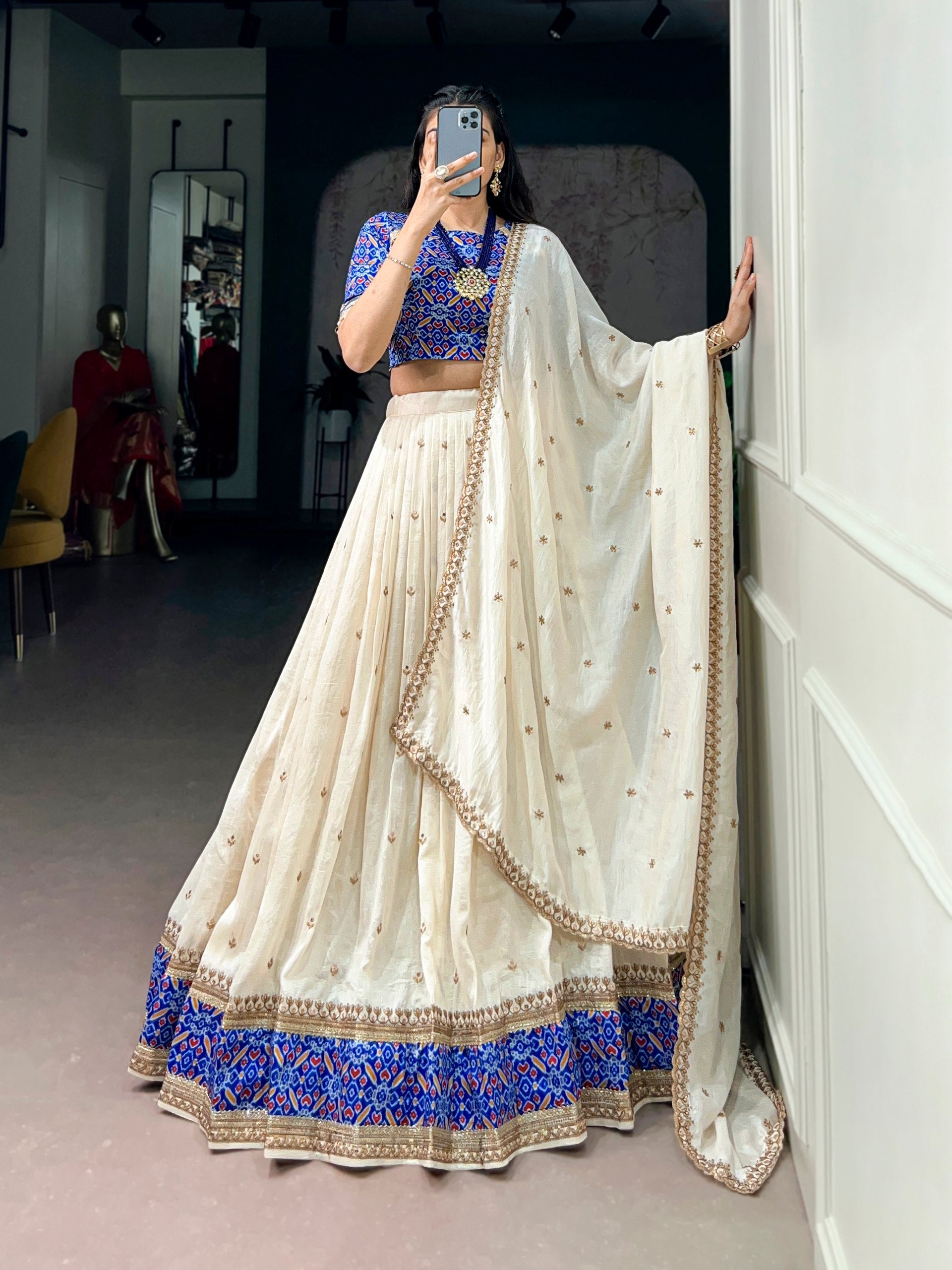 off white vichitra silk lehenga choli set royal blue patola border front view