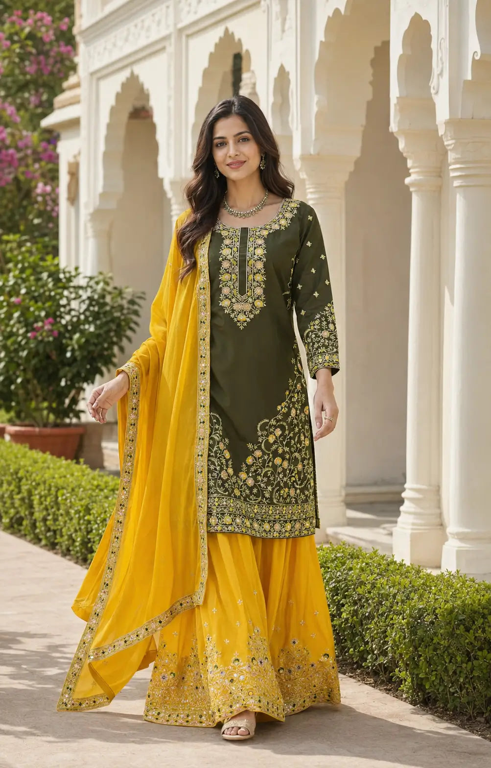 Olive green palazzo set front view mustard yellow palazzo dupatta women Chicorawear
