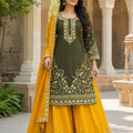 Olive green crepe palazzo set full view thread sequin floral embroidery Chicorawear