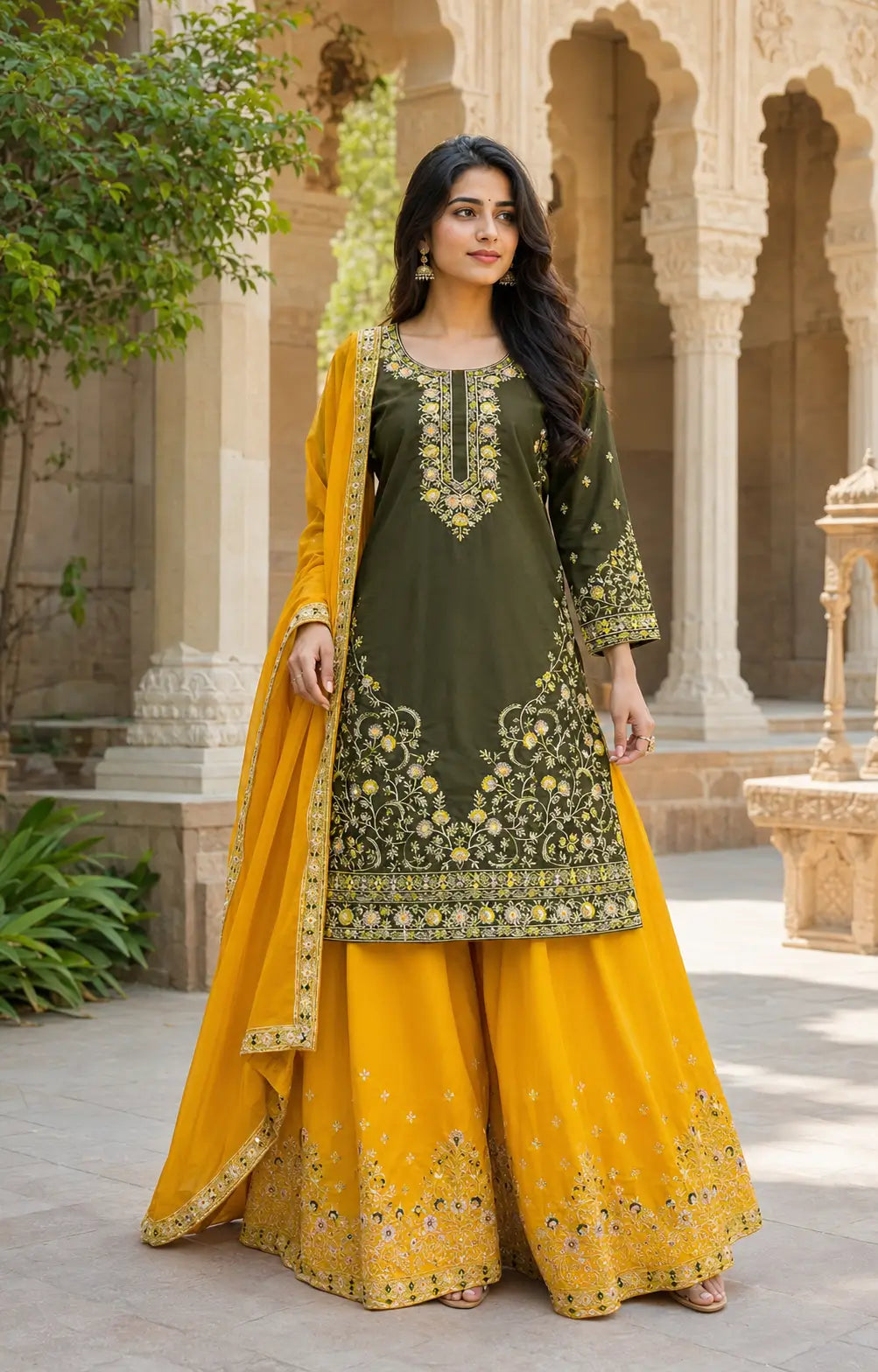 Olive green crepe palazzo set full view thread sequin floral embroidery Chicorawear