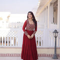 maroon tiered georgette gown front standing view