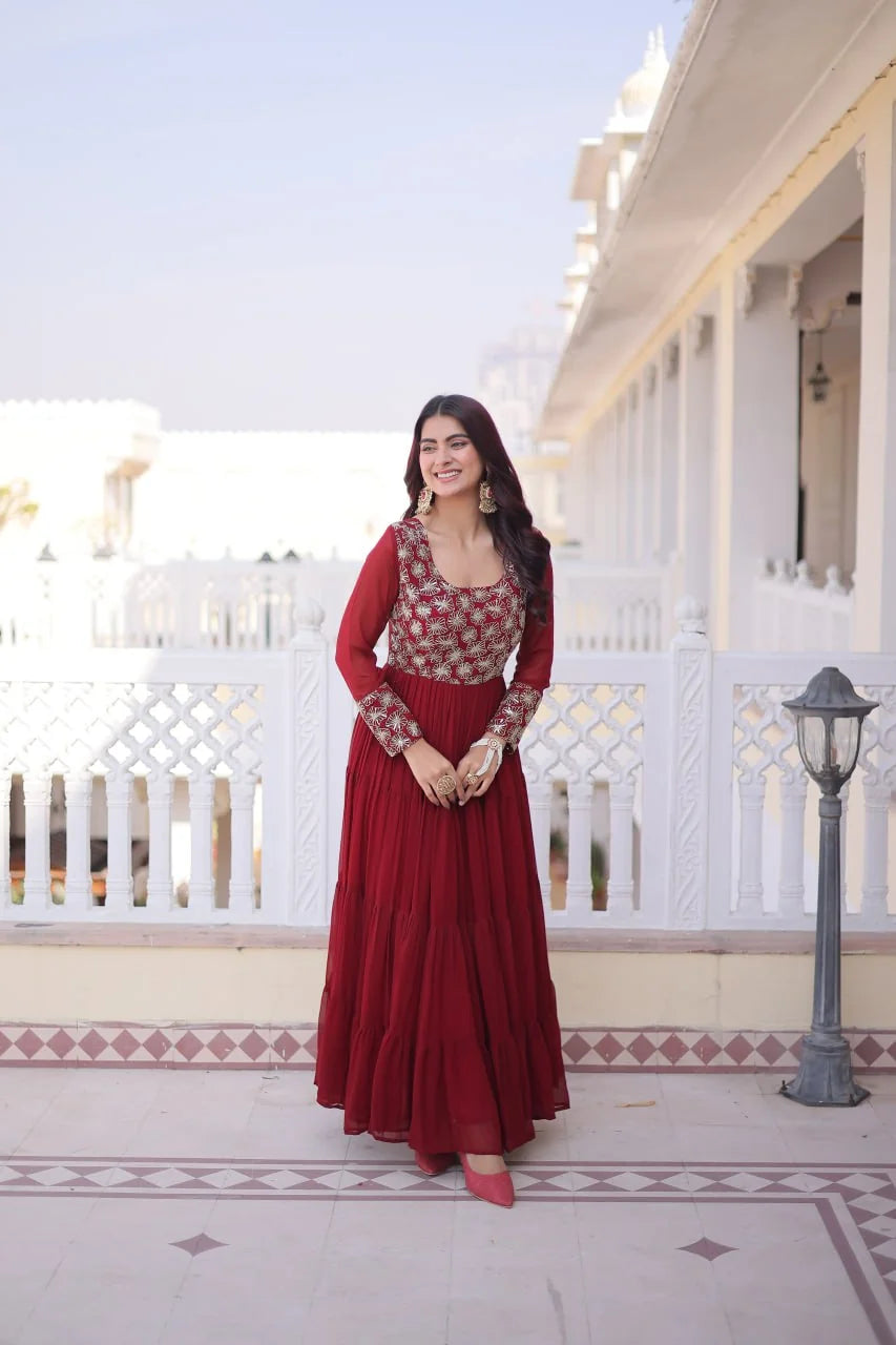 maroon tiered georgette gown front standing view