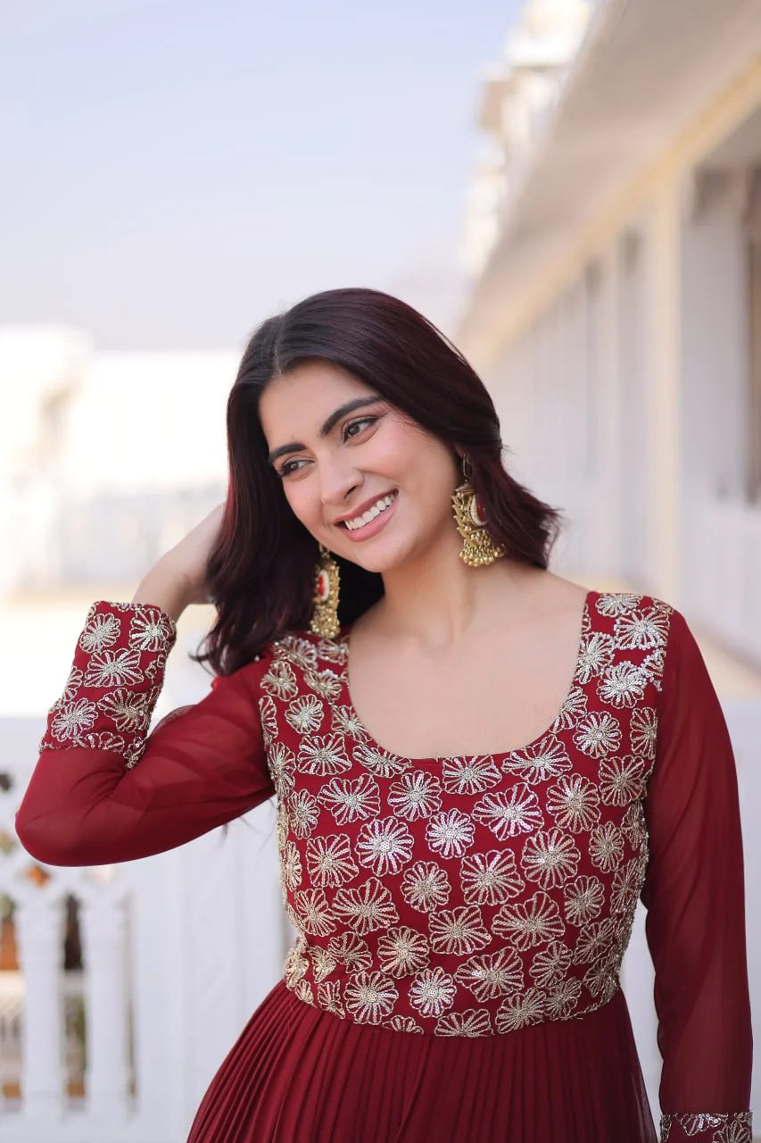maroon one piece gown zari embroidered yoke closeup