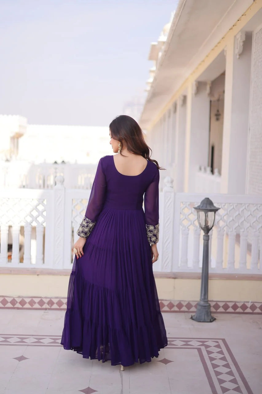 purple one piece gown for women back view