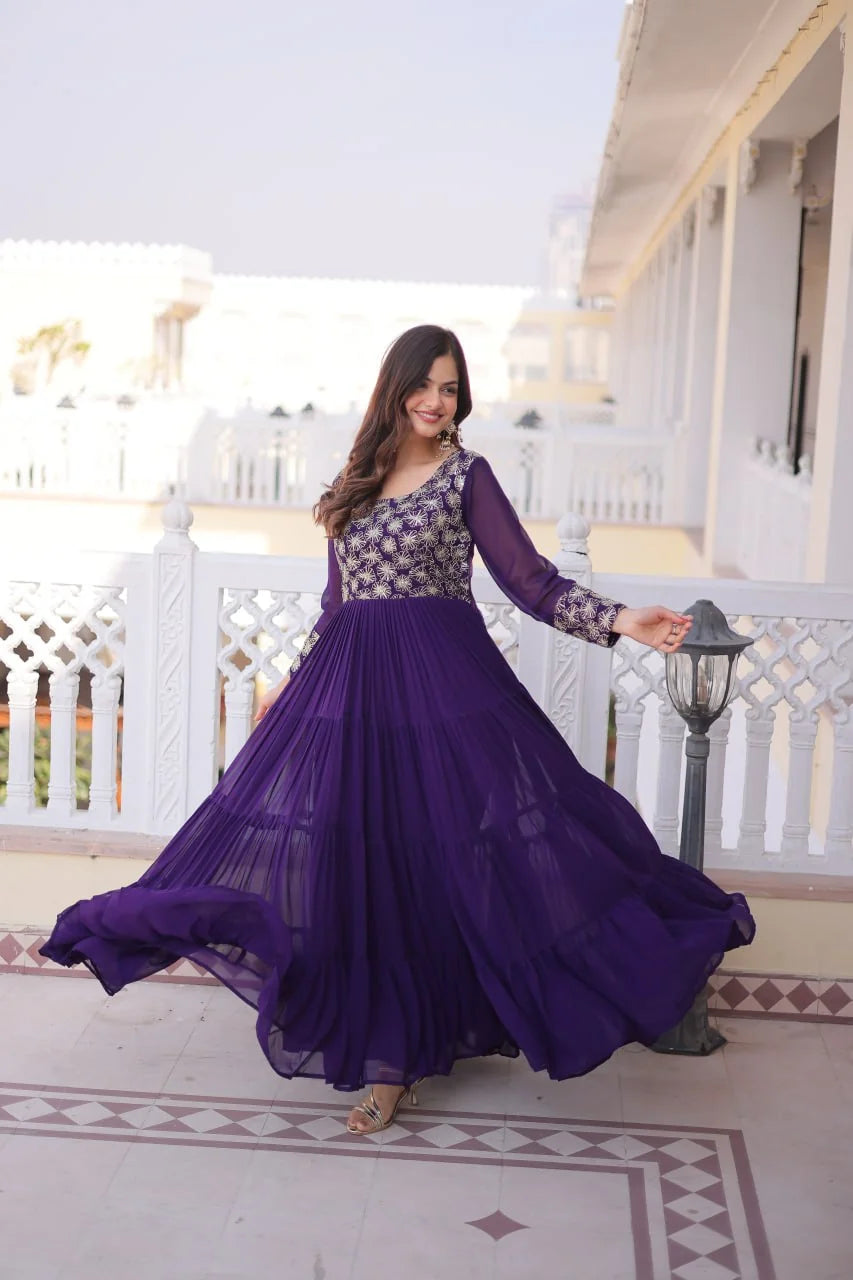 purple tiered georgette gown twirl skirt spread