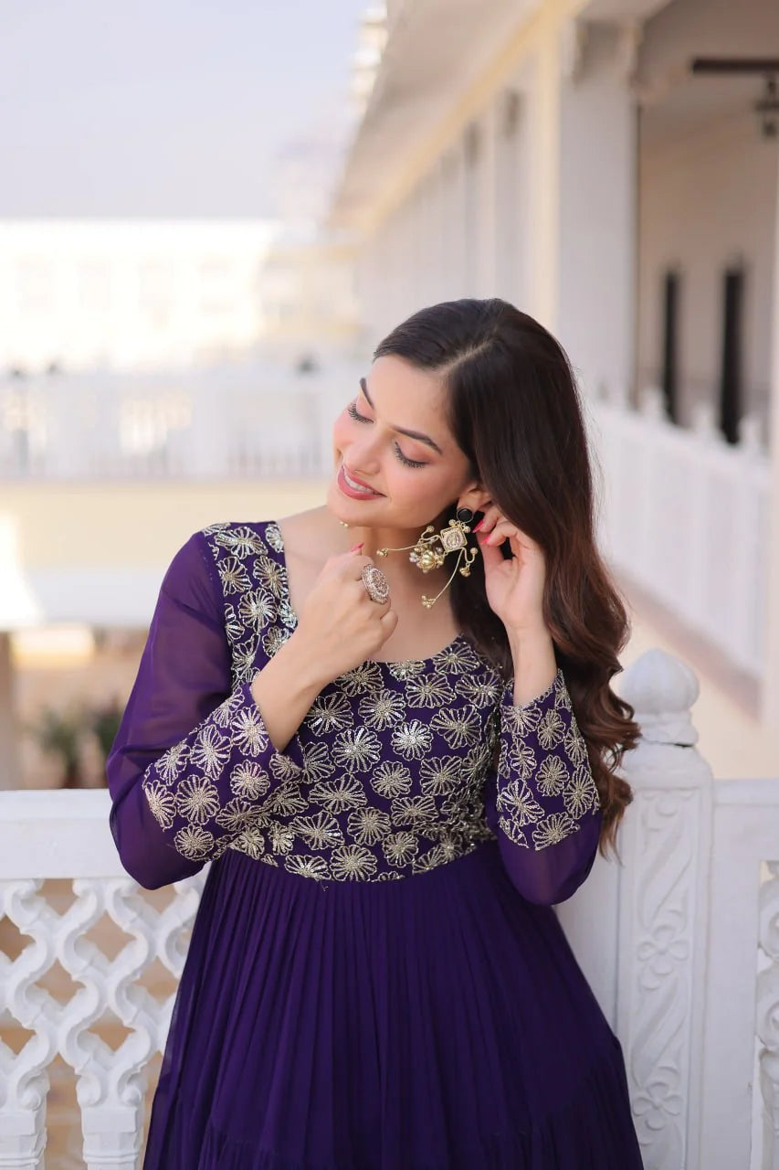 purple one piece gown zari yoke embroidery closeup