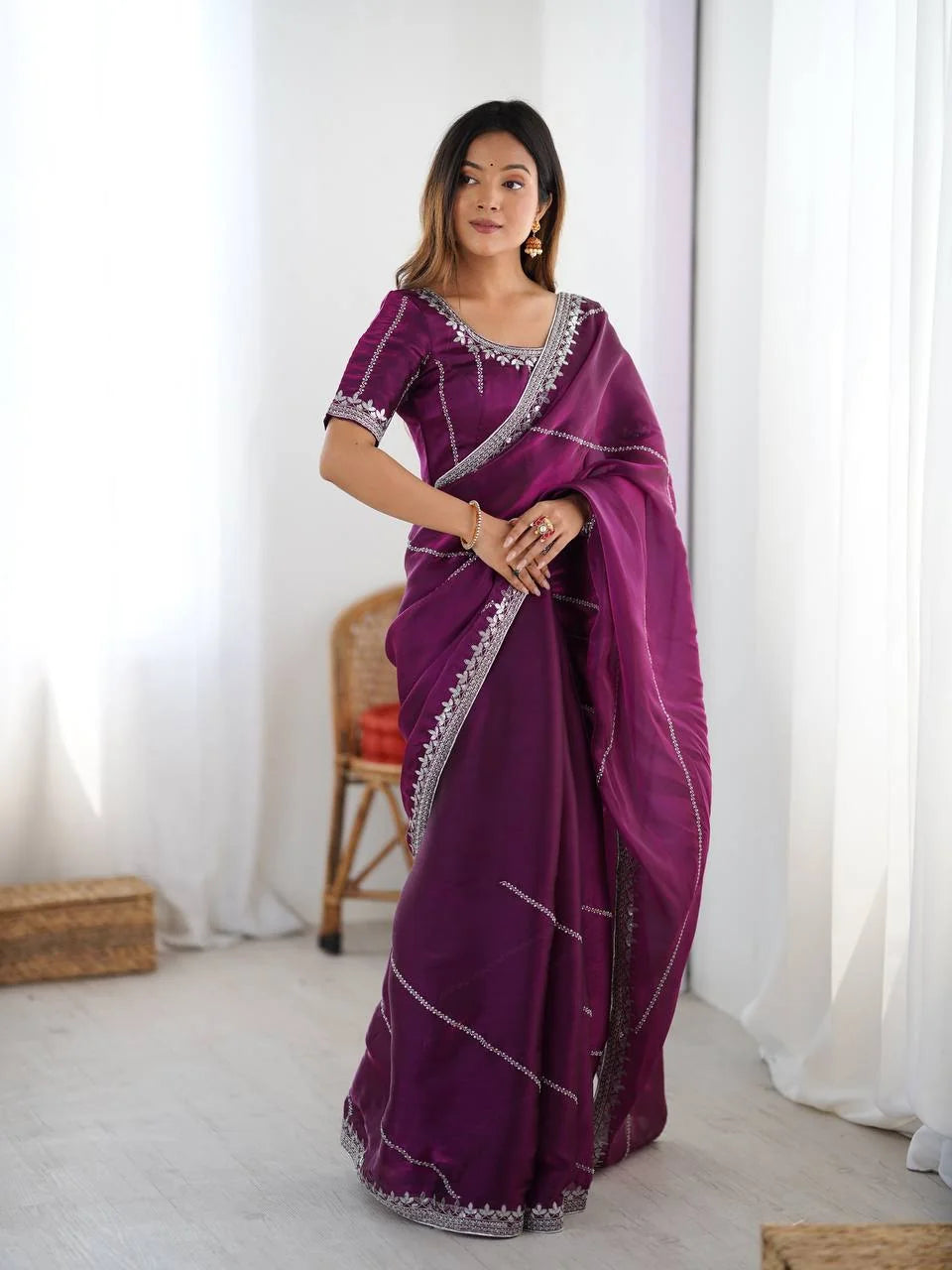 Berry Purple organza silk saree pallu drape