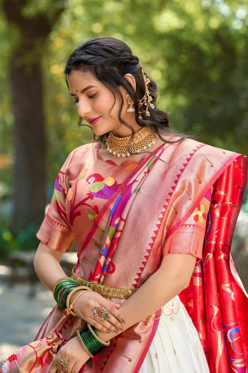 Paithani lehenga with batwa white and pink jacquard silk zari weaving – full view