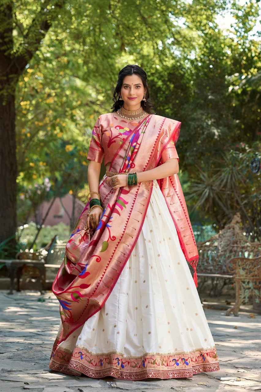 White and orange Paithani lehenga both color combinations – two models garden