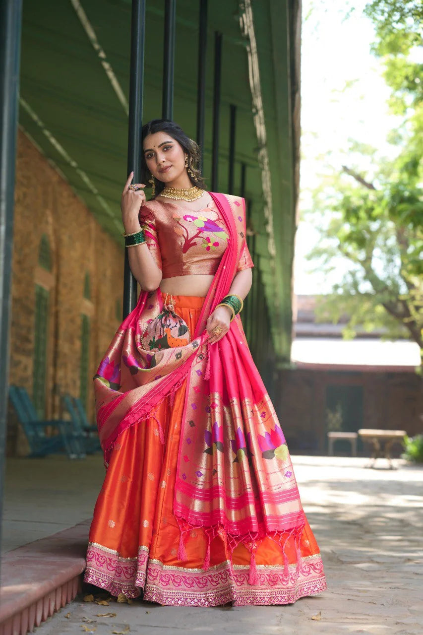Orange paithani lehenga with pink dupatta 4 meter flare and handmade tassels – garden view