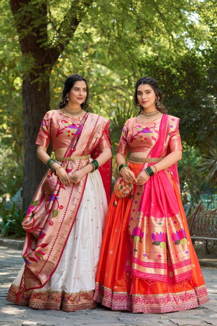 Paithani jacquard silk lehenga with batwa garden outdoor bridal look