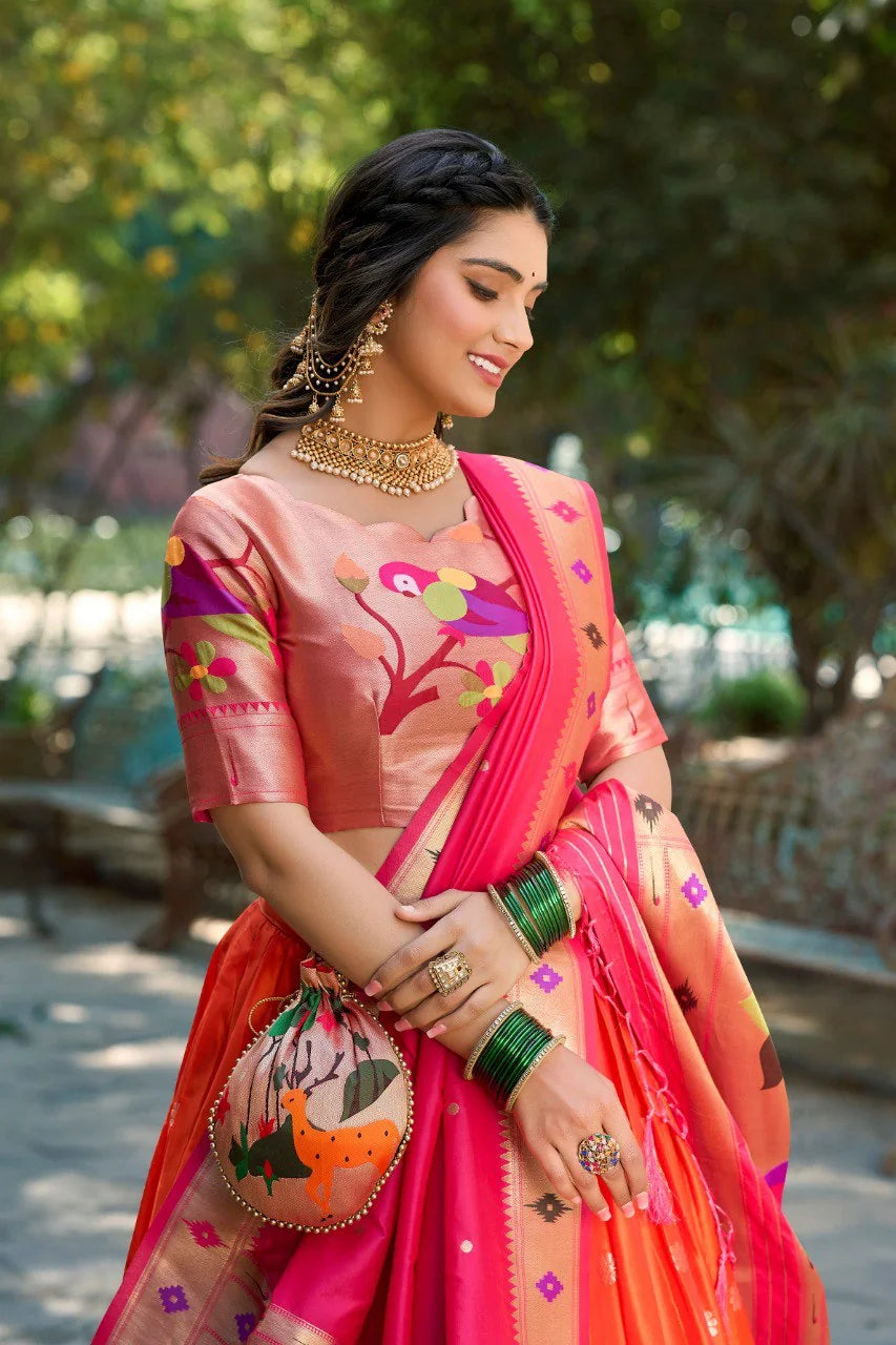Paithani lehenga set orange and pink — paithani blouse and dupatta front view