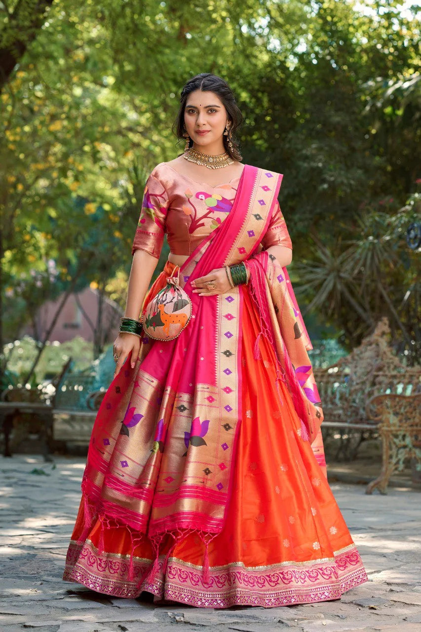 Paithani lehenga with batwa orange and pink full length outdoor garden view
