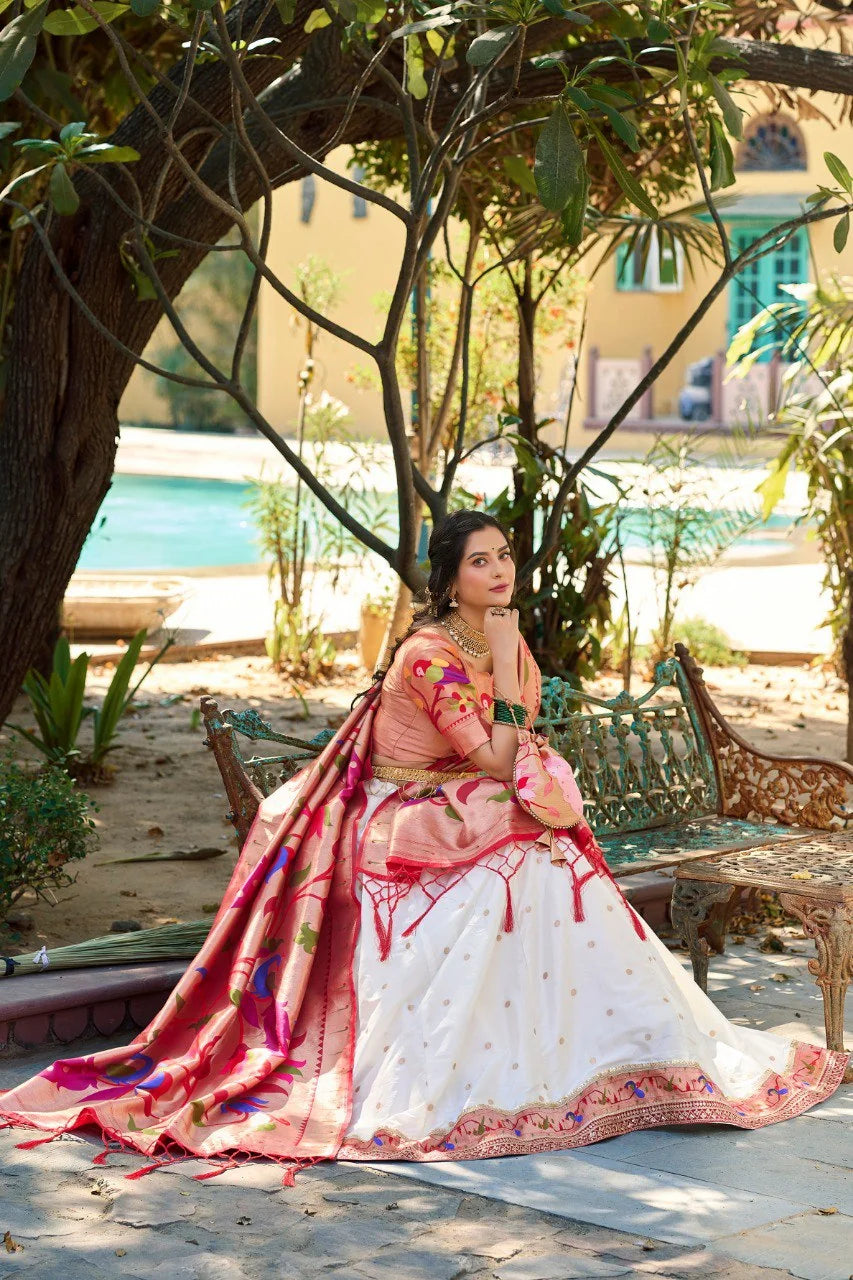 White paithani lehenga with batwa and pink Paithani jacquard dupatta – full length outdoor