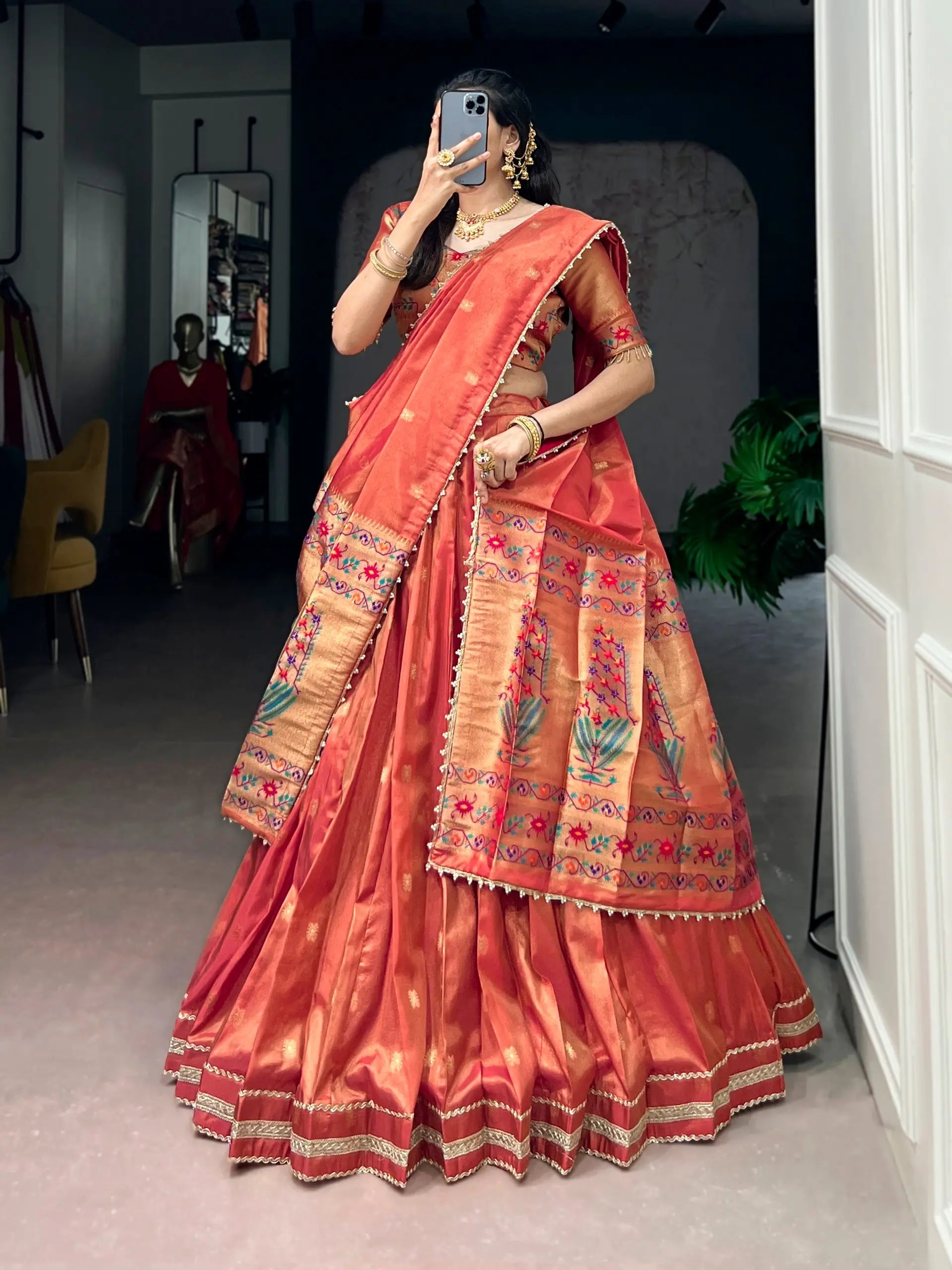 orange paithani silk lehenga choli back view zari border