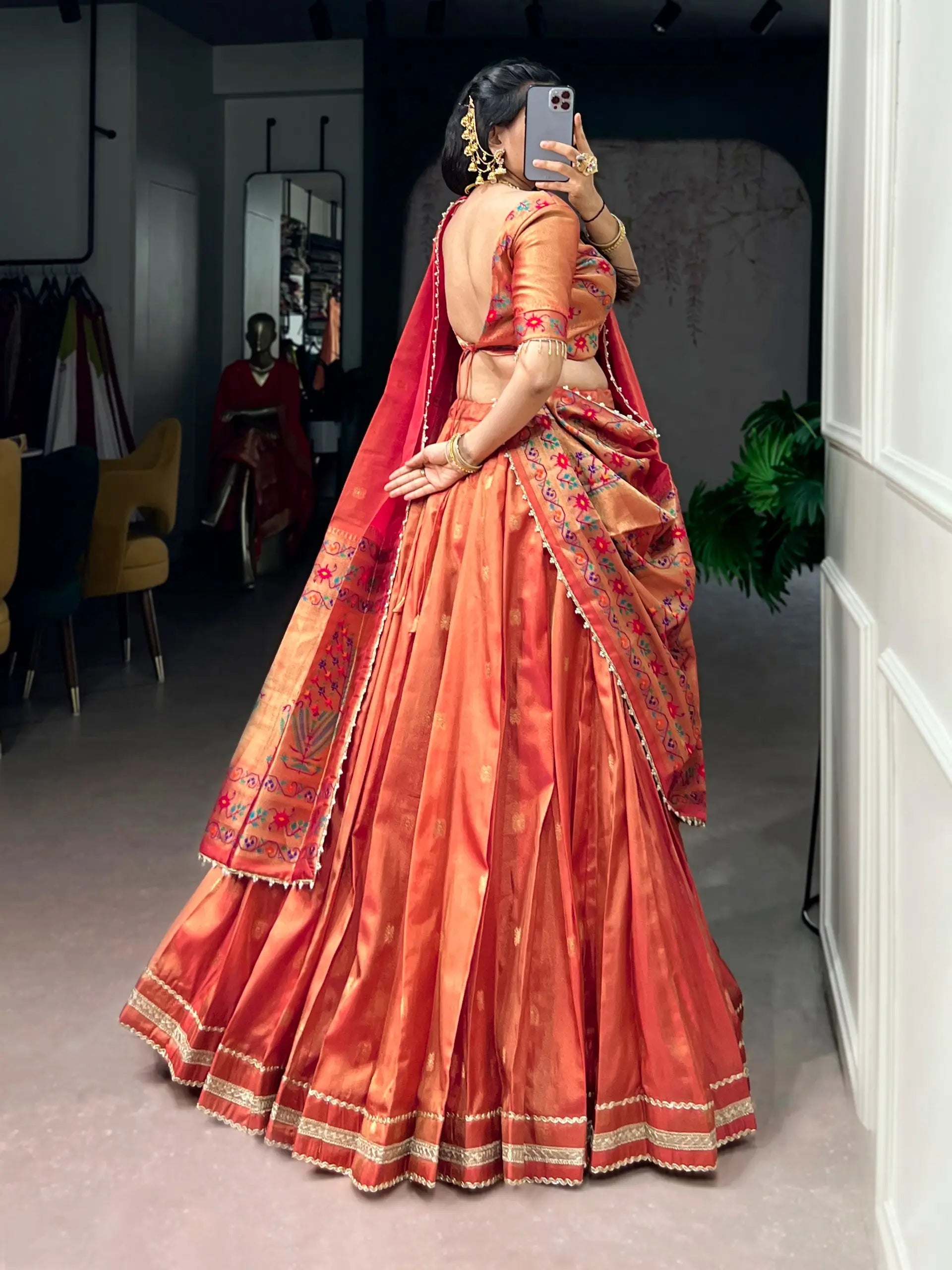 paithani silk lehenga choli set orange front view