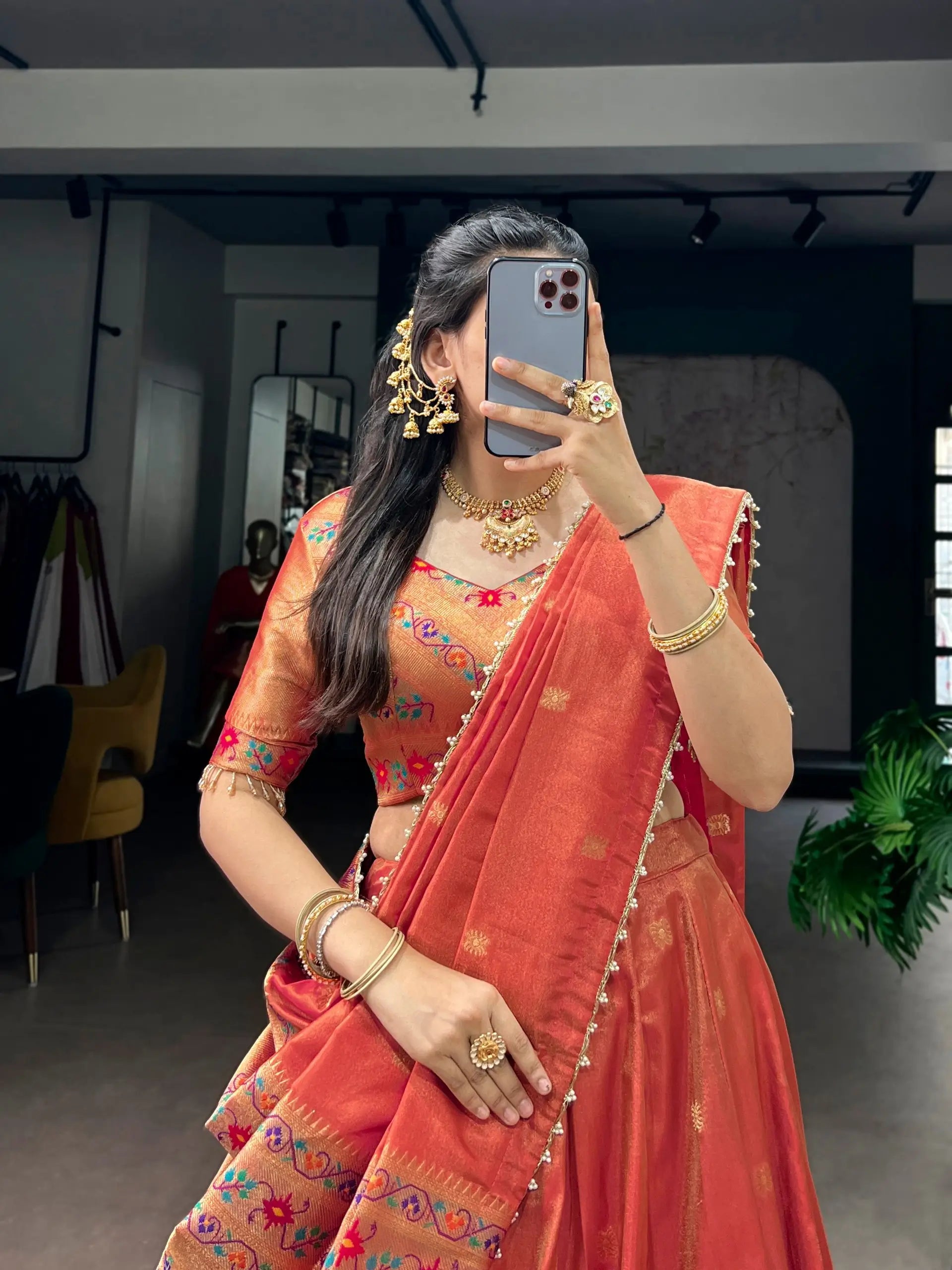 orange silk lehenga choli set full body paithani woven dupatta