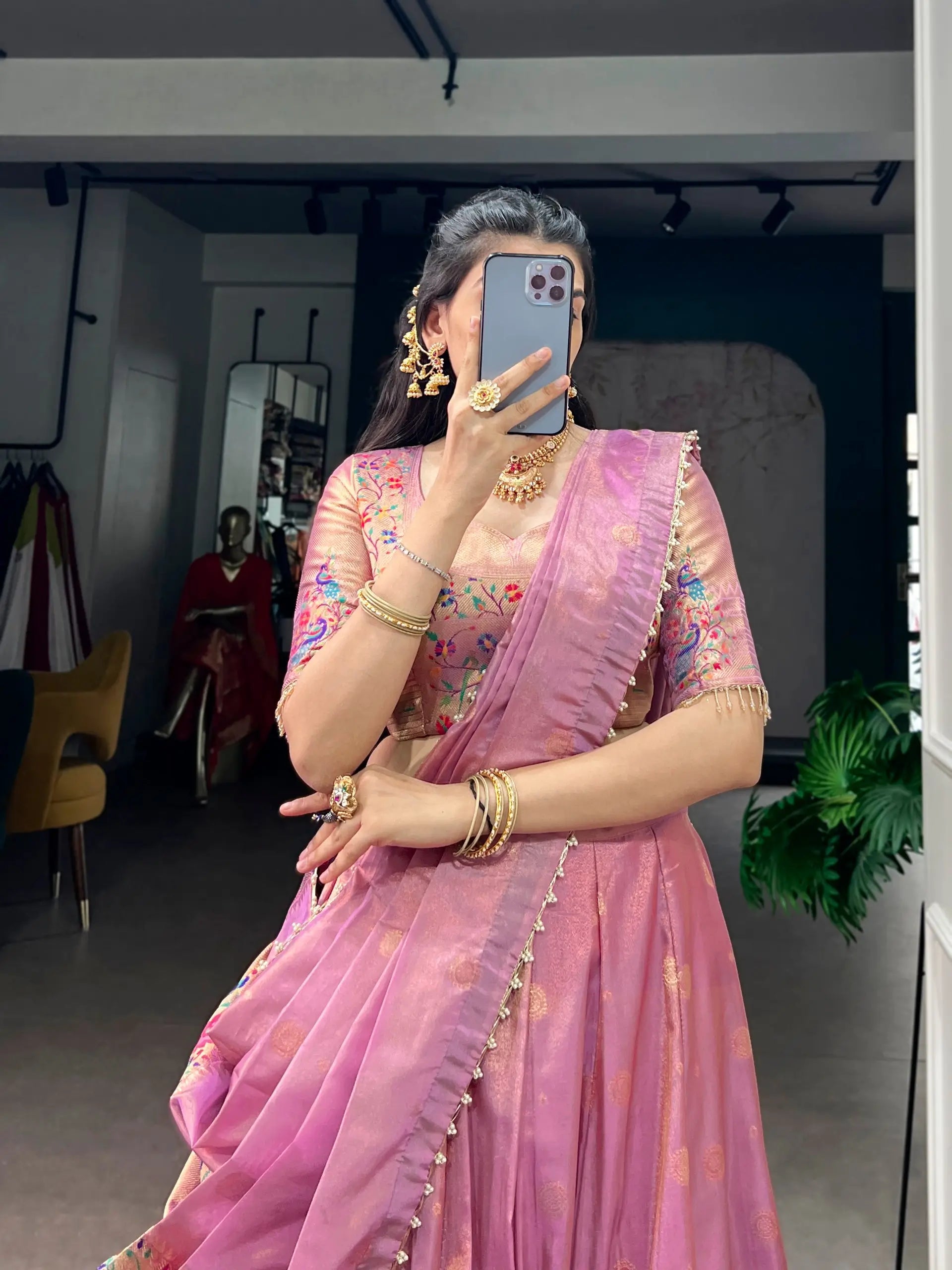 pink paithani lehenga choli set dupatta multicolour border