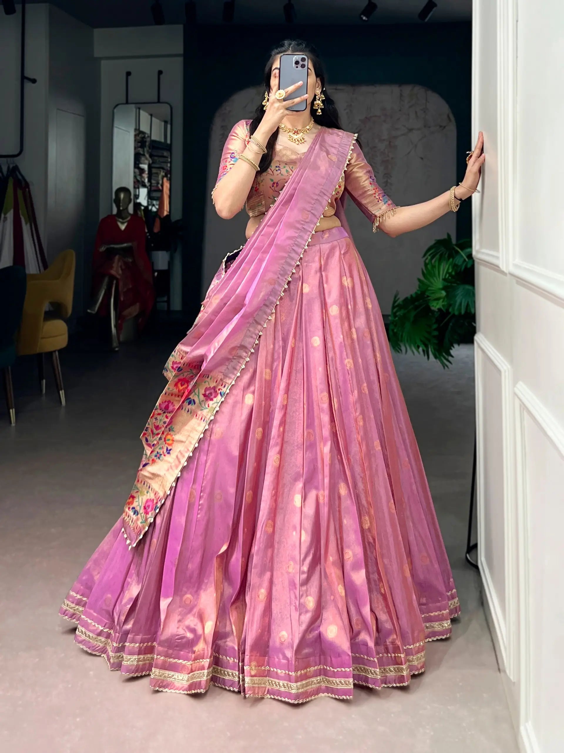 pink paithani silk lehenga choli set side view with dupatta