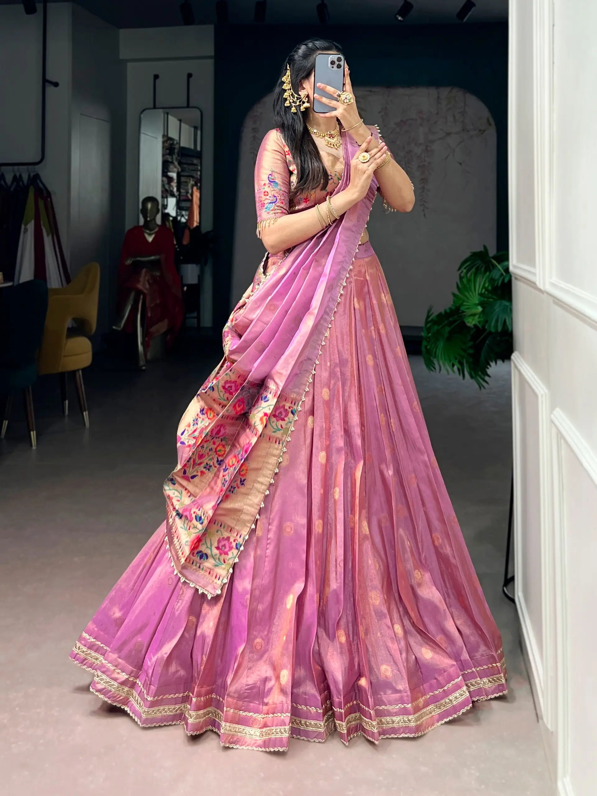 sky teal paithani silk lehenga choli set dupatta draped