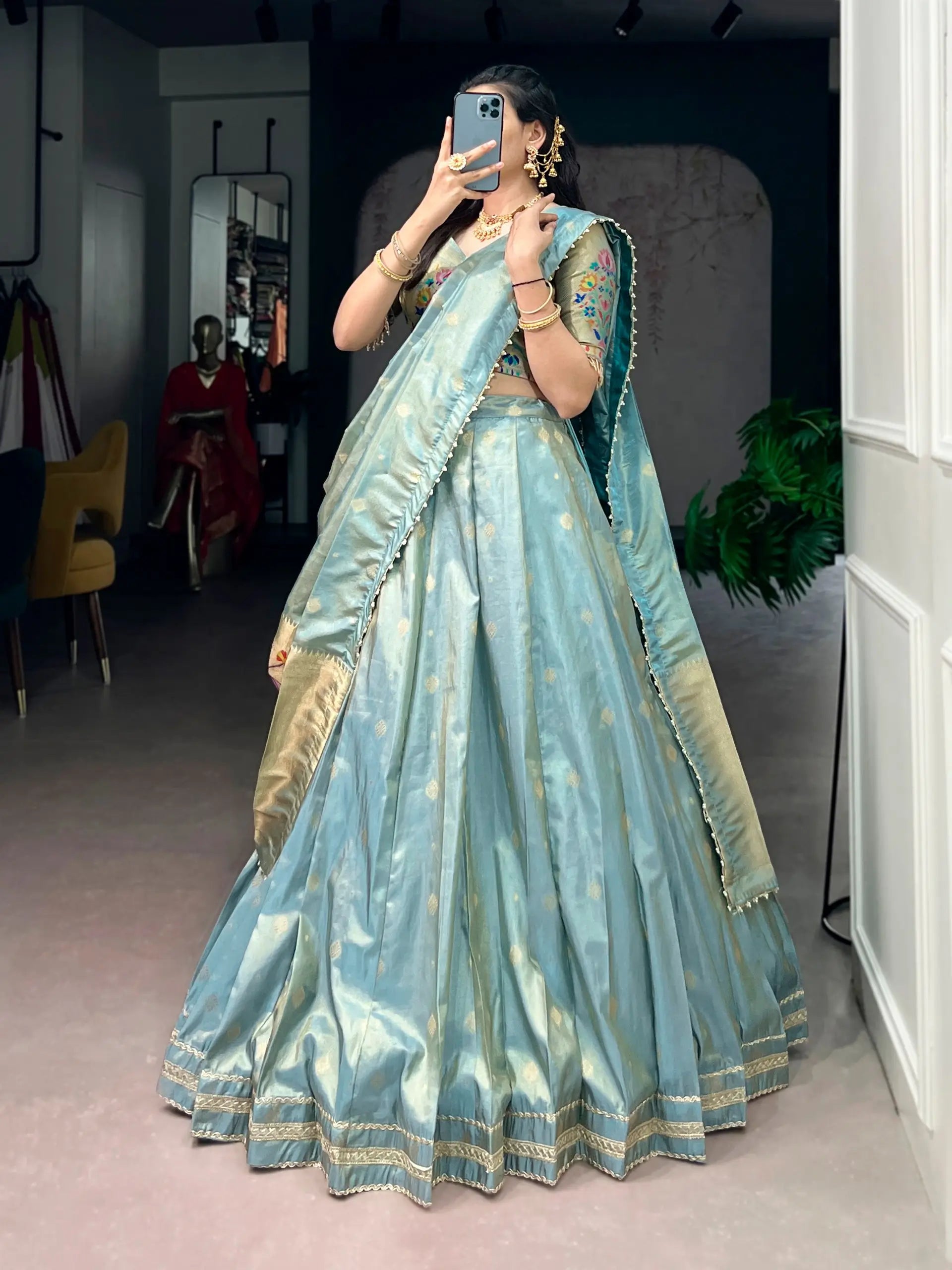 paithani silk lehenga choli set sky teal front view