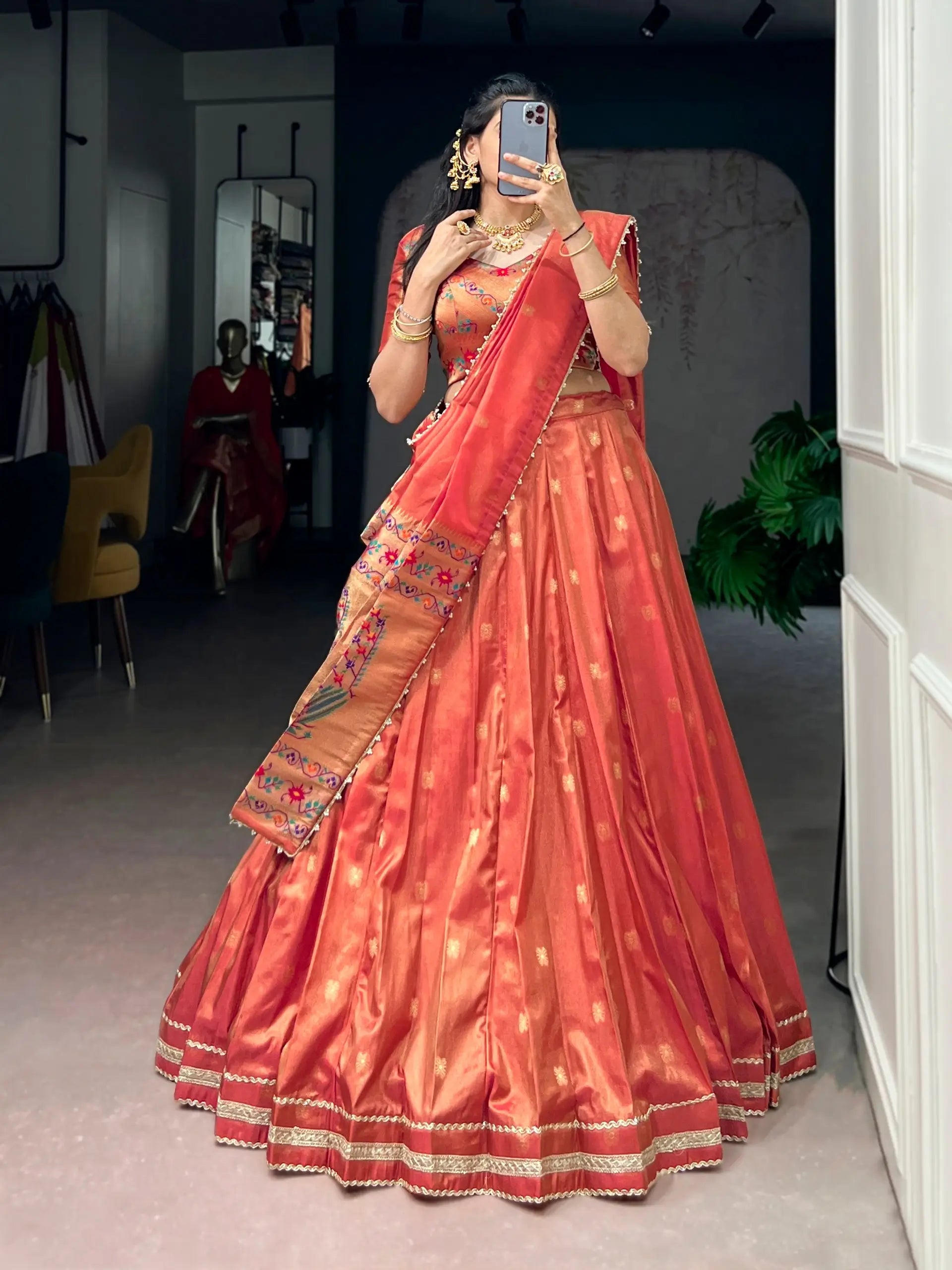 paithani silk lehenga choli set sky teal full view