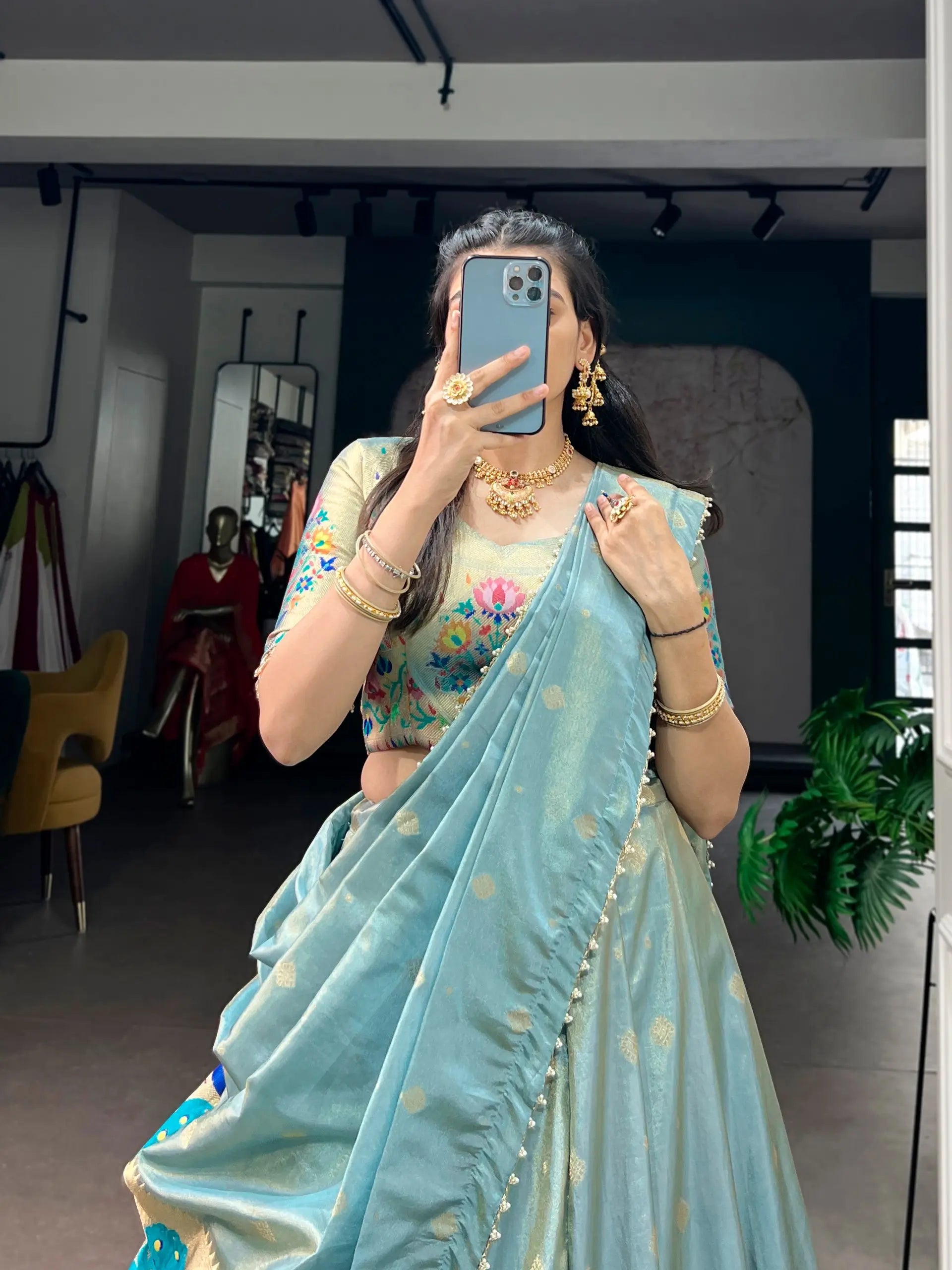 sky teal silk lehenga choli set full length paithani zari