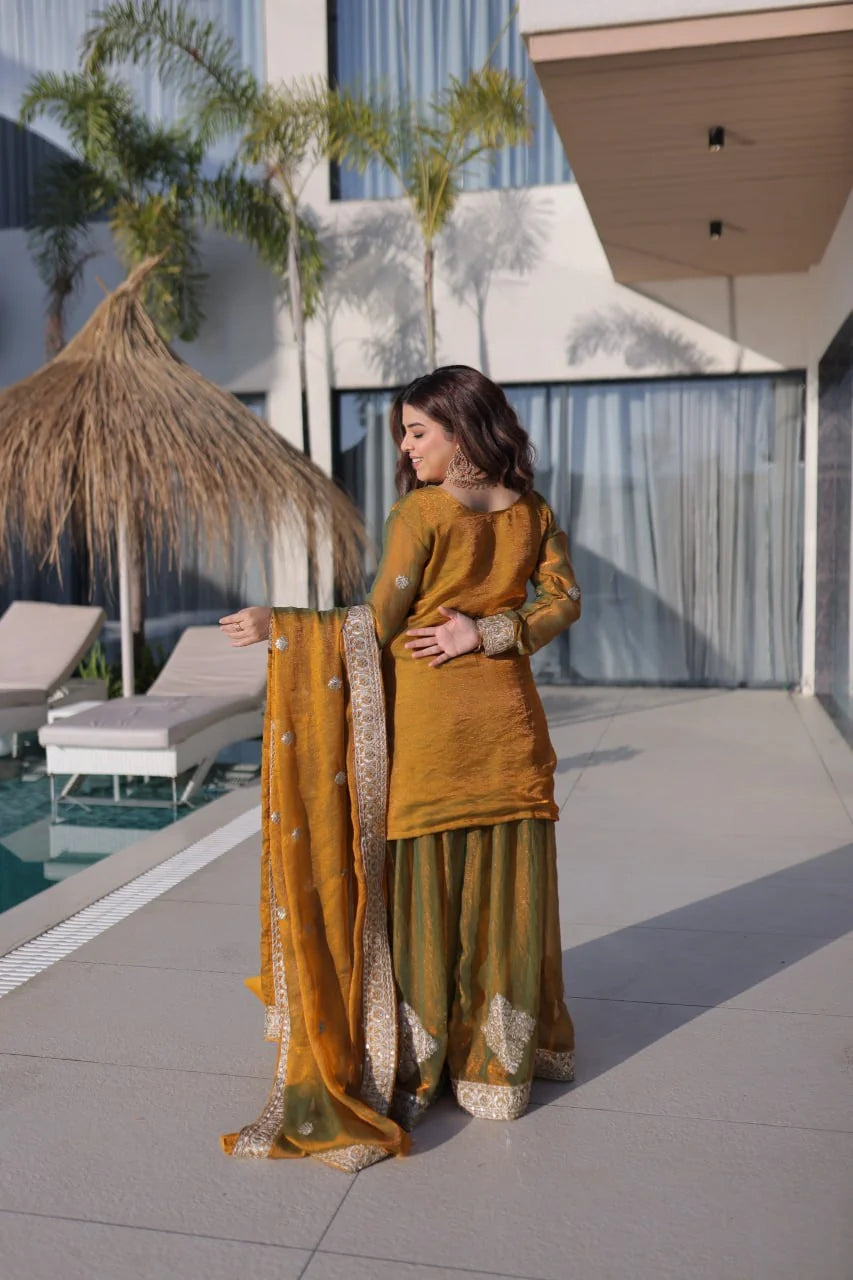 pakistani sharara suit back view with tissue dupatta