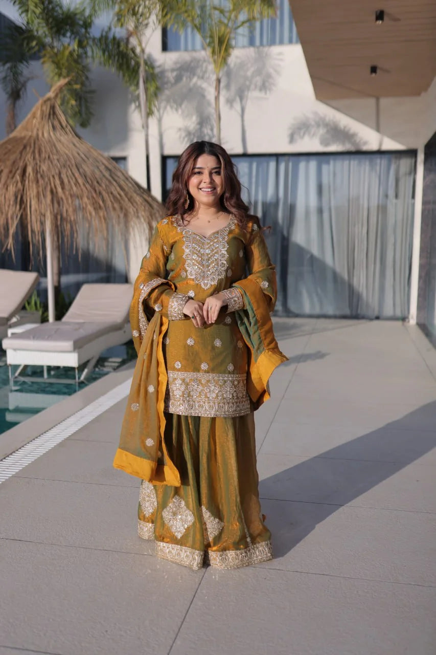 mustard gold pakistani sharara suit full front view