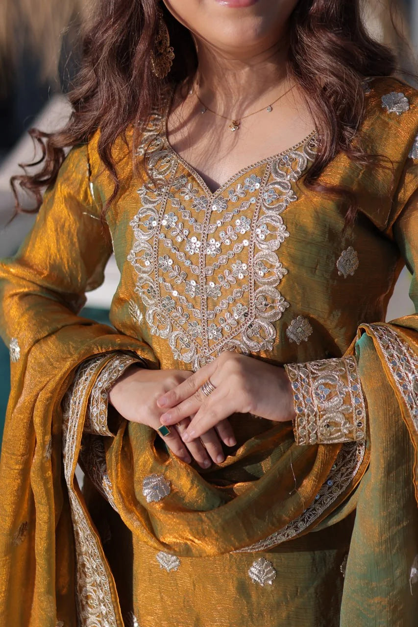 mustard gold sharara suit zari mirror neckline closeup