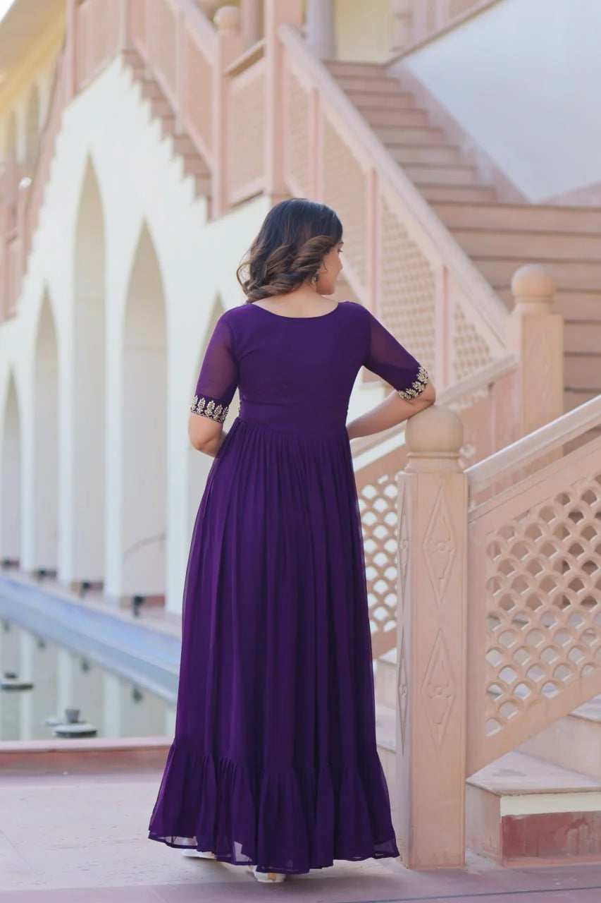 purple party wear gown back view
