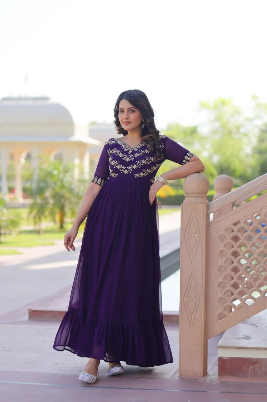purple party wear gown for women full front view