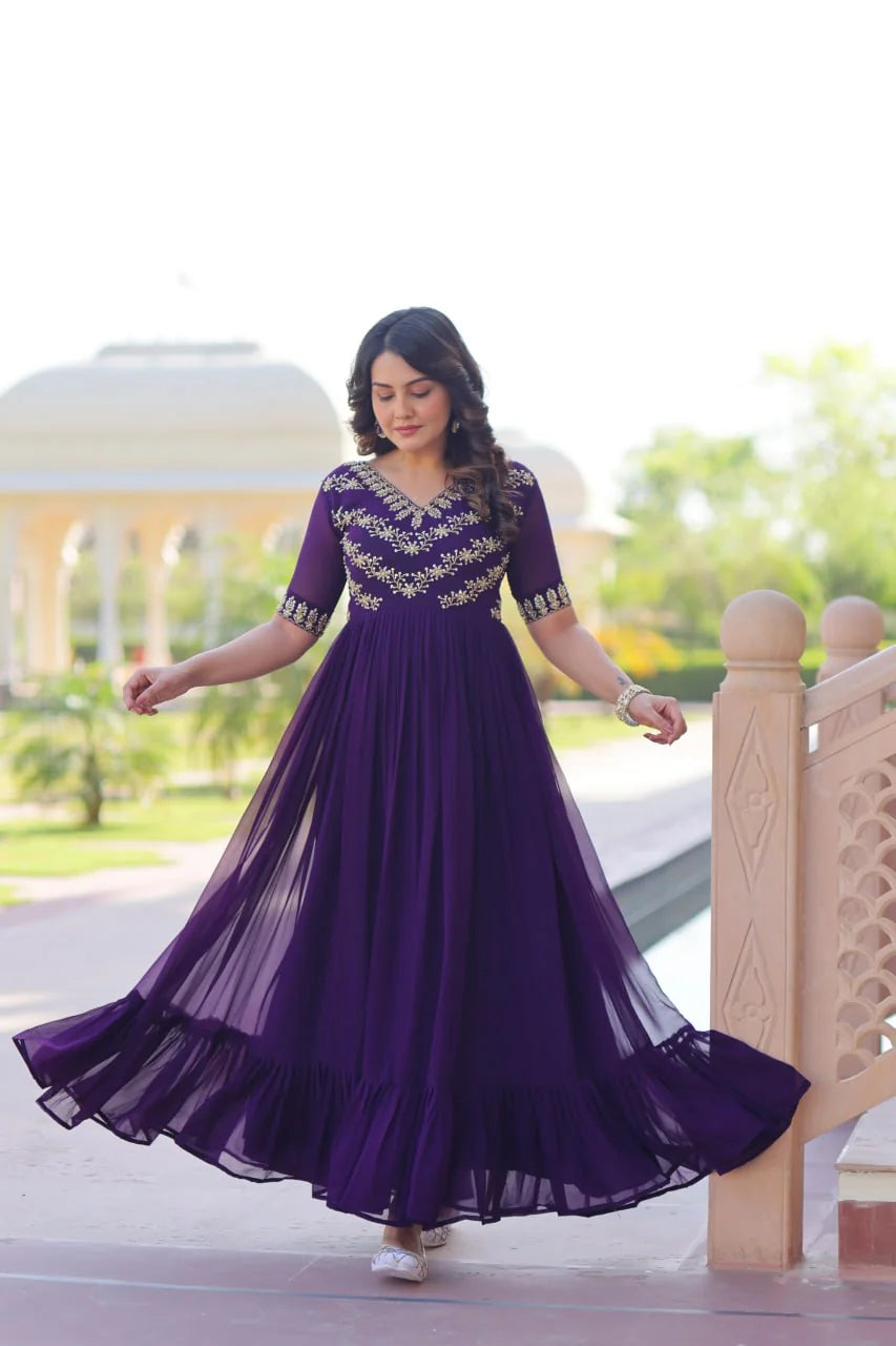 purple party wear gown twirl with ruffle hem