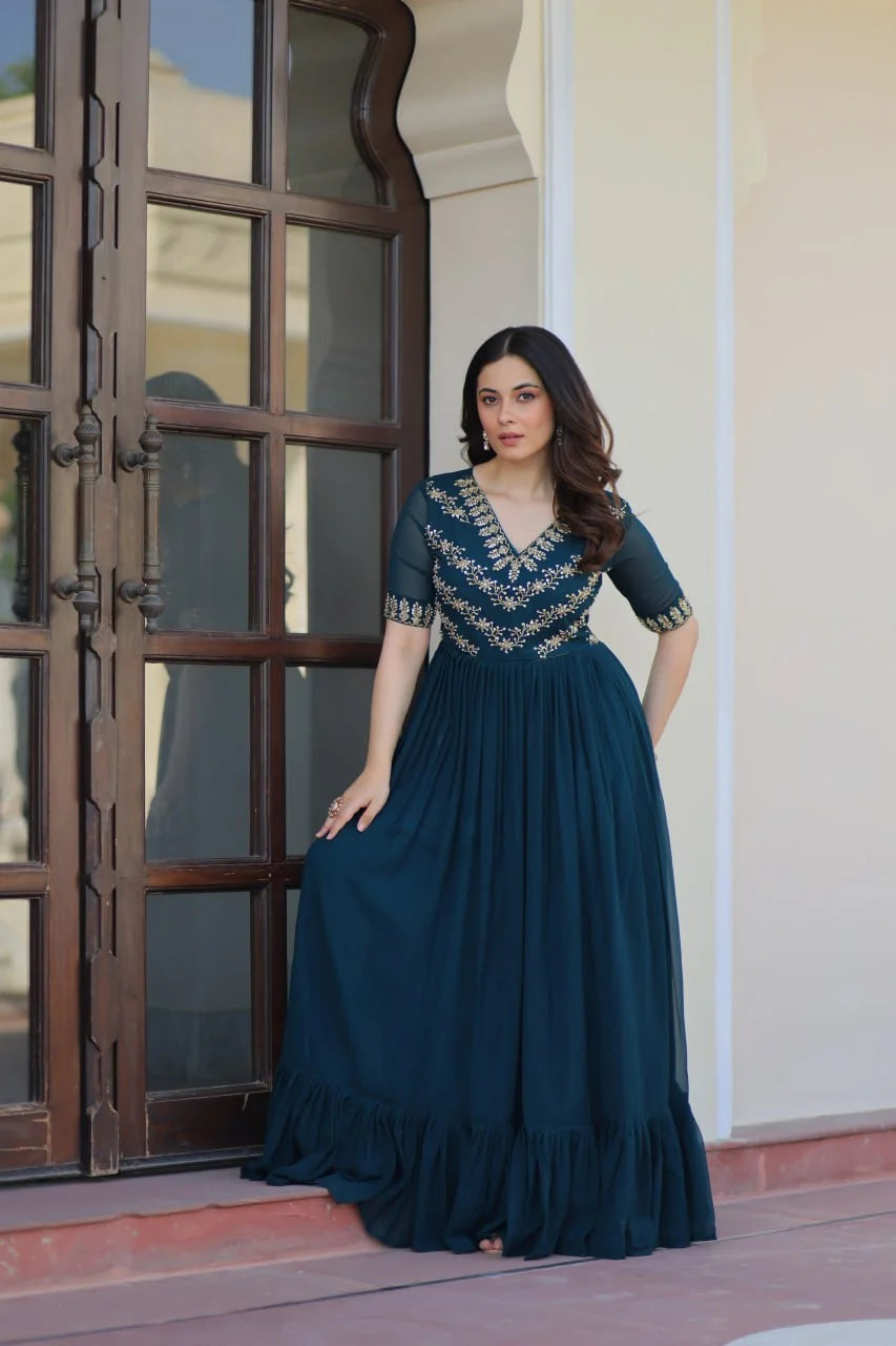 teal party wear gown for women front view